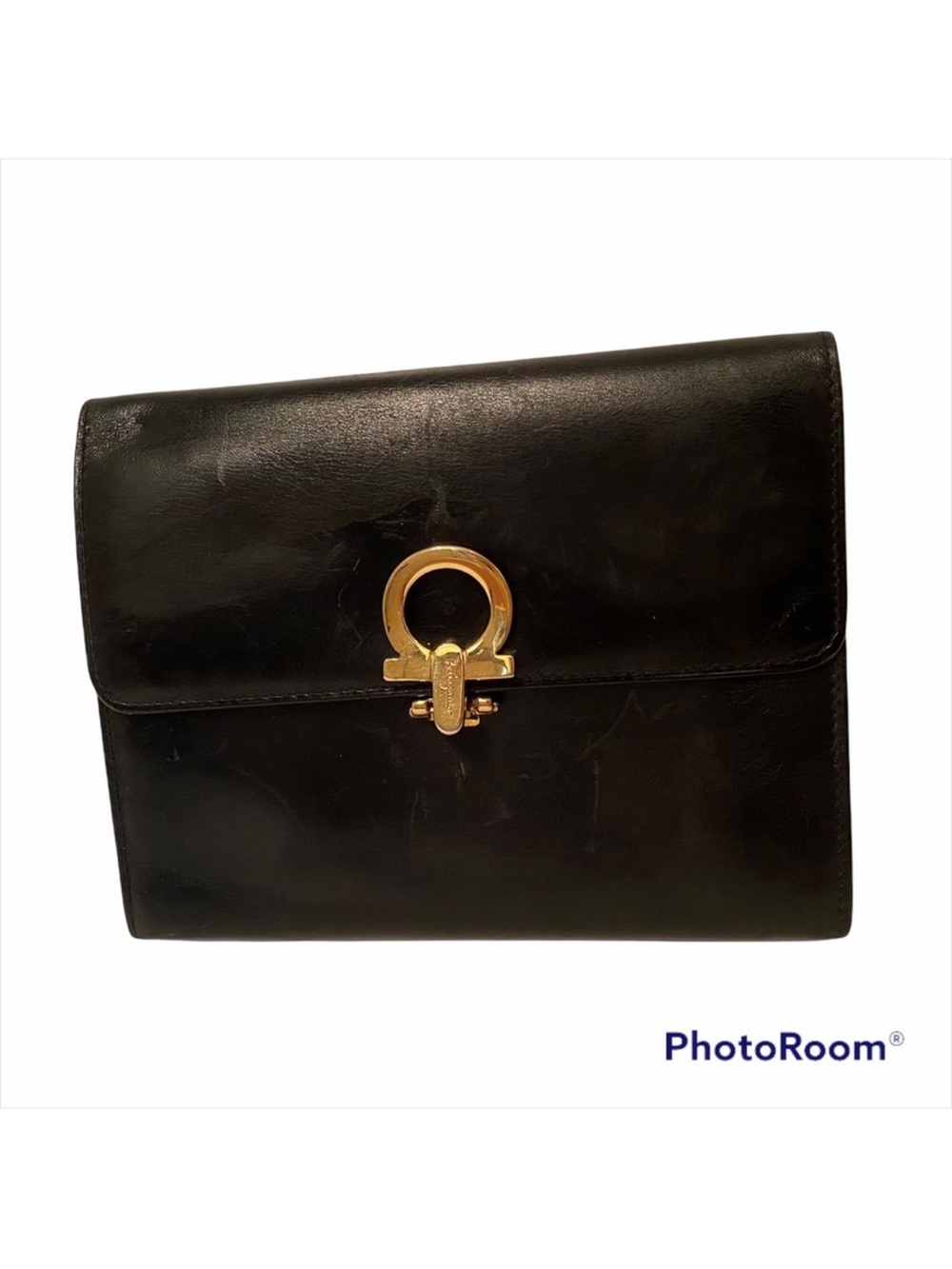 SALVATORE FERRAGAMO BAG BLACK LEATHER CLUTCH GOLD HARDWARE CLASP FLAP CLOSE